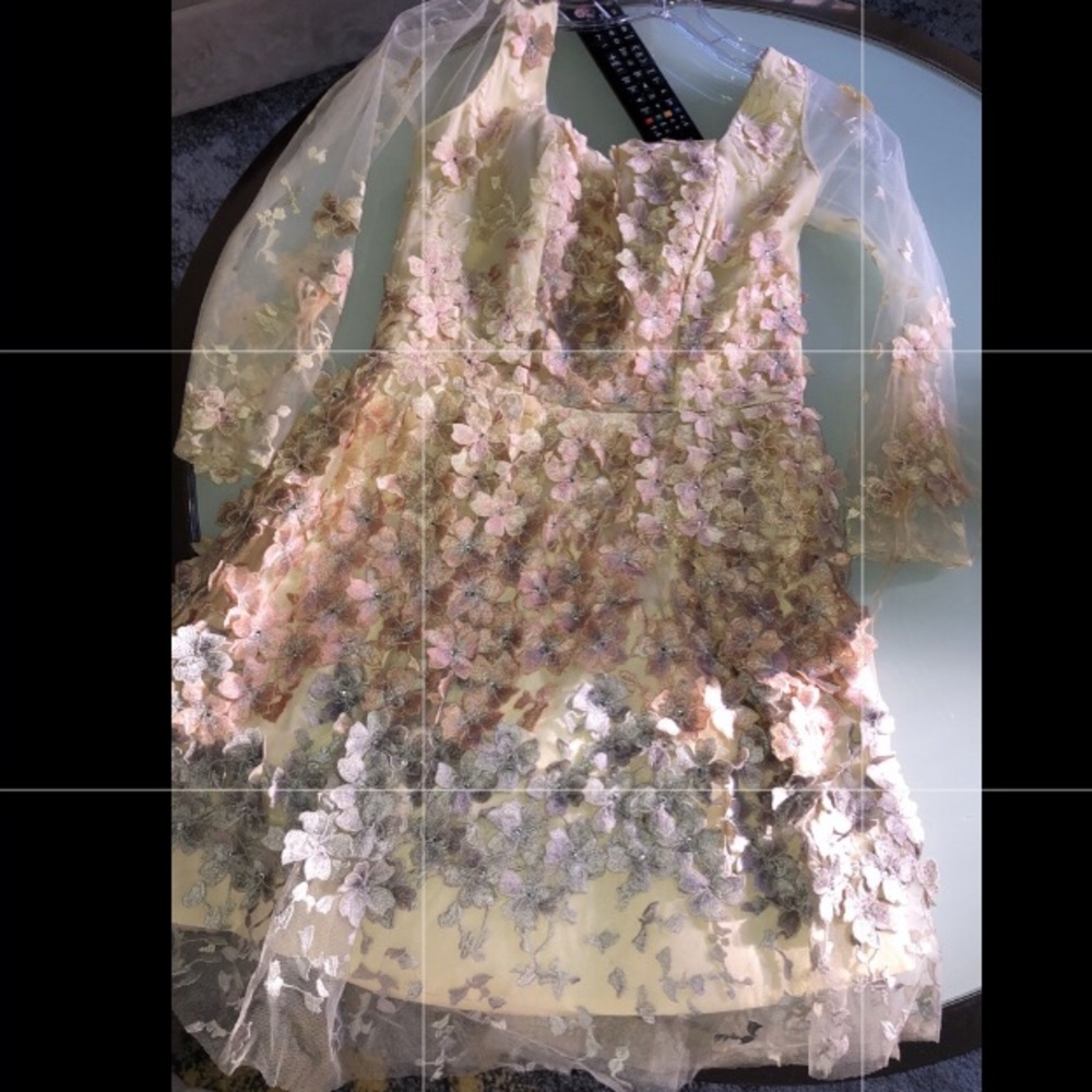 Custom made dress with 3D flowers + feather sleeve